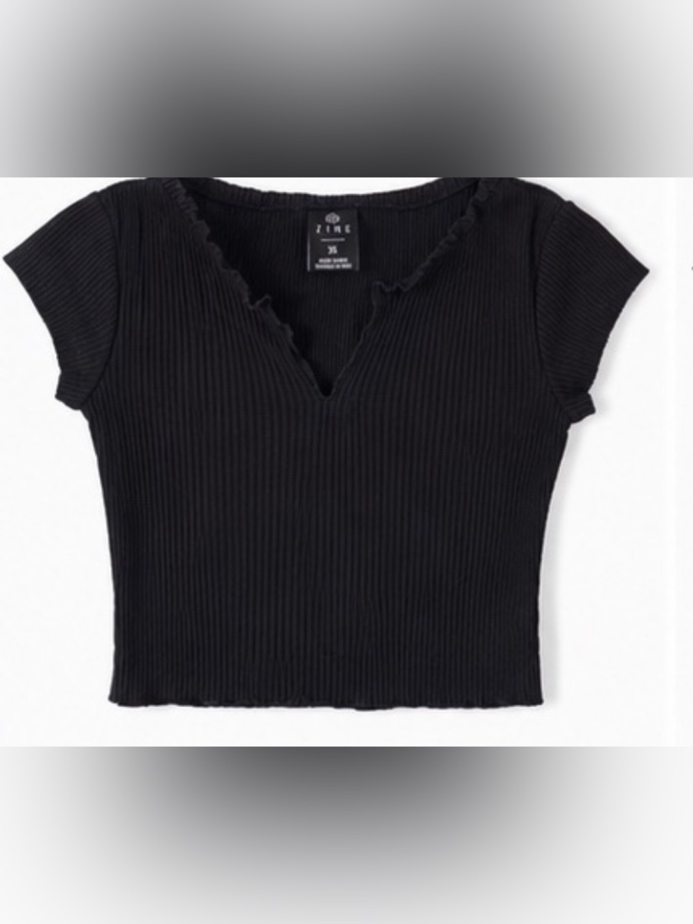 Zine Clothing Black Ribbed Short Sleeve V-Neck Top